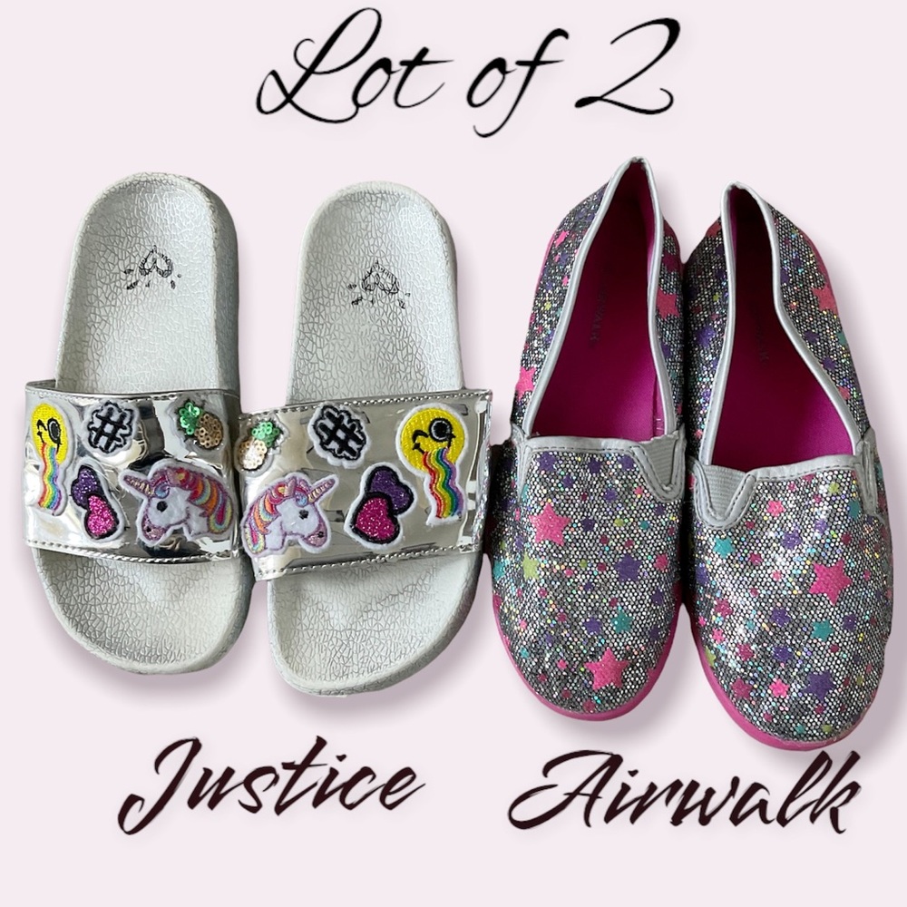 Lot of 2 Justice & Airwalk sparkly  summer slip on shoes, slide sandals, Emoji